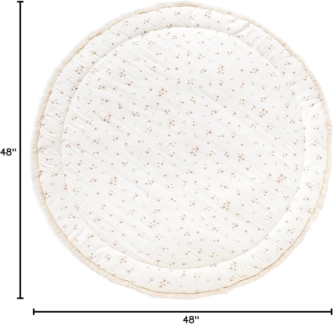 MakeMake Organics Organic Play Mat GOTS Certified Organic Cotton Nursery Floor Rug Washable Reversible Non Toxic Activity Mat Tummy Time Crawling Pad Thick Quilted (Round 48", Bloom + Solid Oat)