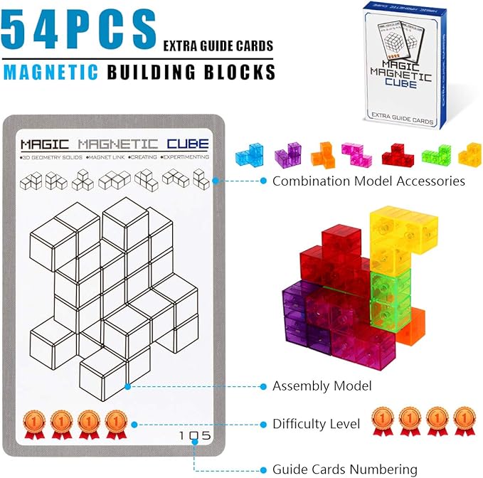 Magnetic Building Blocks Magic Magnetic 3D Puzzle Cubes, Set of 7 Multi Shapes Magnetic Blocks with 54 Guide Cards, Intelligence Developing and Stress Relief Fidget Toys