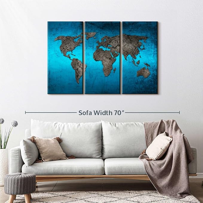 ElephantStock Ocean World Map Multi Piece Canvas - 3 Panel Wall Decor - Map of the World Art - Canvas for the Office and Home - 50" X 32"