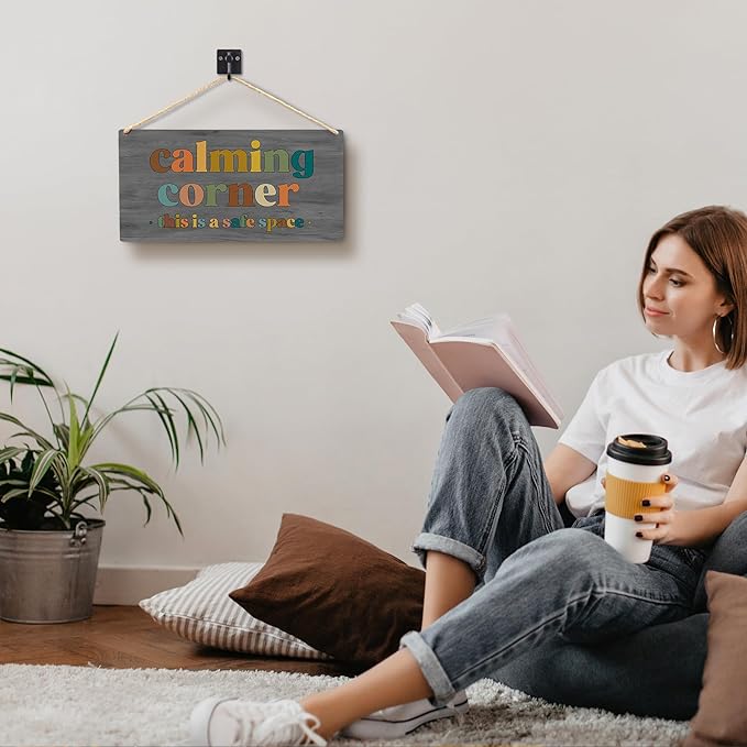 Calming Corner Hanging Wood Sign - Safe Space, Classroom Decor, School Counselor Office, Calm Down Corner Decorations, Boho Decor (Gray), 12x6
