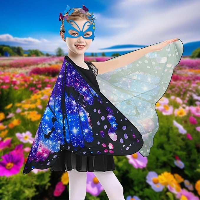 Butterfly Costume for Girls Fairy Wings Kids 4 Pcs(Cape,Skirts,Masks,Hair Clips) Butterfly Wings for Halloween Gifts