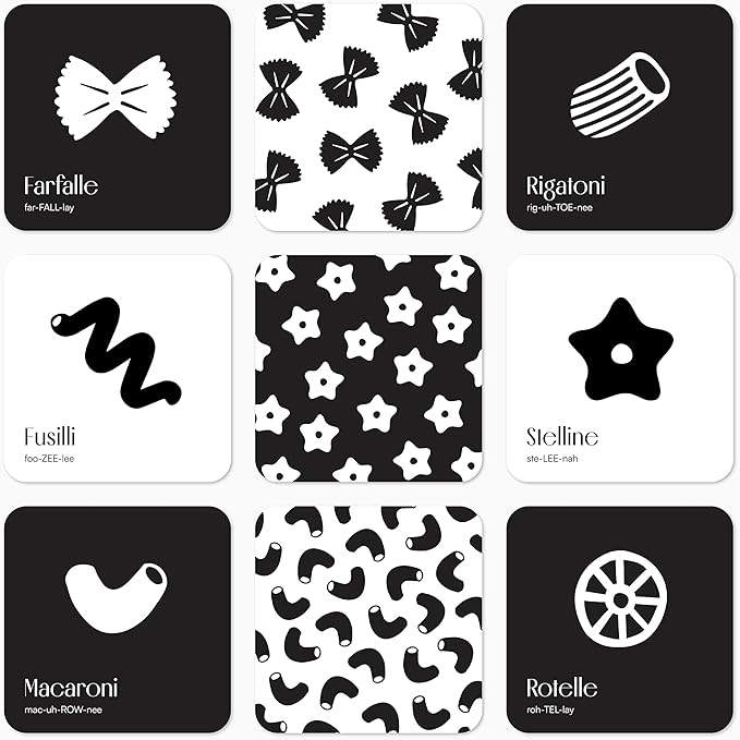 Pasta for Baby High Contrast Cards Sensory Toy Learning Activity Large Black and White Flash Cards Newborn Tummy Time Play 0+ Months Infant Essentials Curious Baby Activity Gift Set