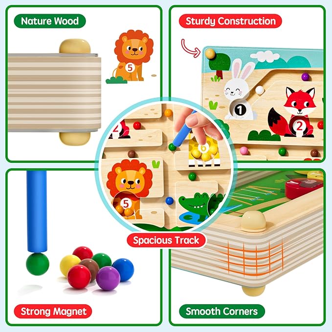 2 in 1 Magnetic Color and Number Maze Magnet Alphabet Counting Double Sided Board Wood Puzzle Fine Motor Skills Montessori Preschool Toys Gifts for Boys and Girls 3-5 Age (Zoo, One Size)