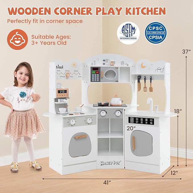 HONEY JOY Corner Play Kitchen, Toddler Wooden Toy Kitchen Set w/Lights, Coffee Maker, Microwave, Sink, Faucet, Little Chef Pretend Play Kids Kitchen Playset for Boys Girls (White)