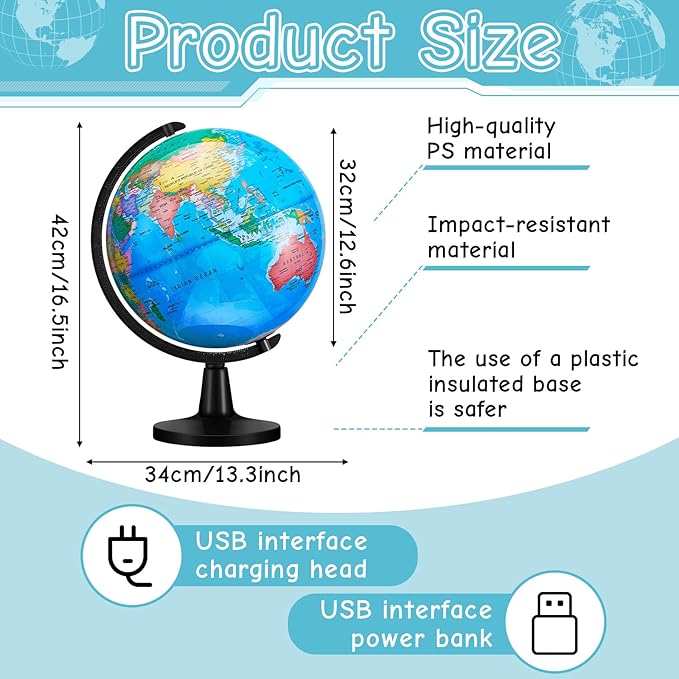 Amylove 13'' Illuminated World Globe for Adults 720°/360° Rotation Rewritable Light Up Globe with Stand World Map for Interactive Learning Light with Base Lamp LED Decor(Lightweight,Classic)