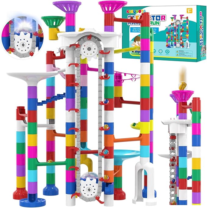Big Motorized Marble Run - Construction Building Blocks Toys 220Pcs Marble Race Track with Elevator,Educational STEM Game Christmas Birthday Gifts for Kids 3-5 4-8 8-12 (B-Colorful)