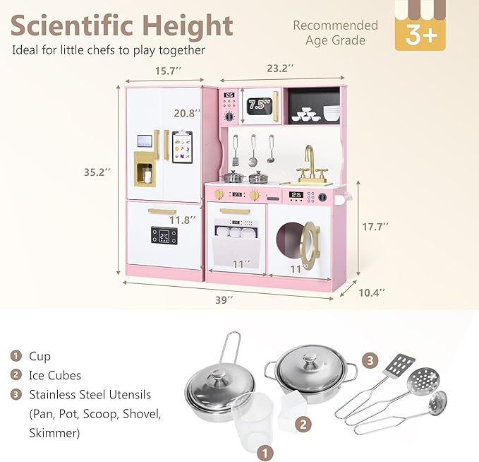 Kinder King Wooden Kids Play Kitchen, Toy Kitchen Playset for Toddler, Play Kitchen Set w/Transparent Coloring Board, Pretend Fridge, Washing Machine, Ice Maker, Gift for Boys Girls Age 3+, Pink