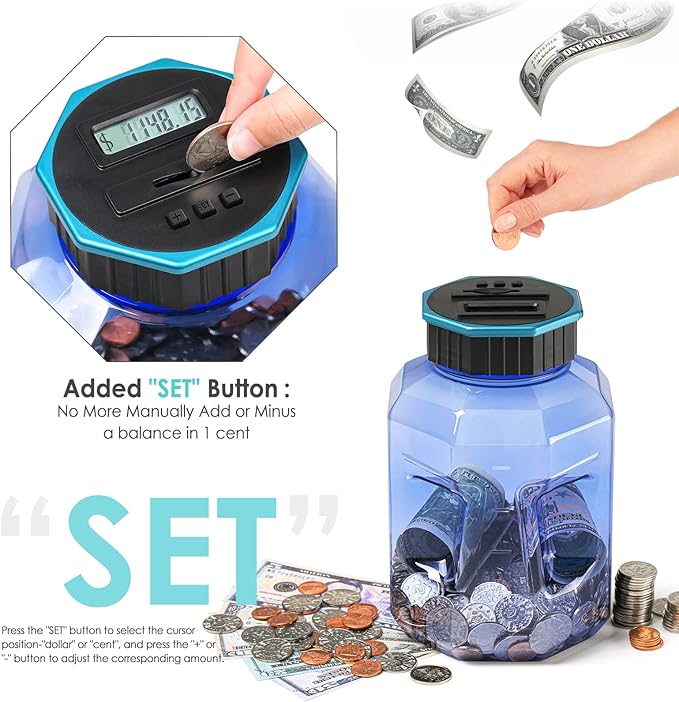 X-Large Piggy Bank for Adults Kids, Vcertcpl Digital Coin Counting Bank with LCD Counter, 2.4L Capacity, Great Coin Counter Bank Money Counting Jar with Total Amount Displayed (Blue2, X-Large)