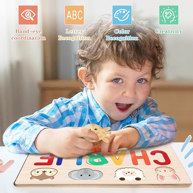 Name Puzzle for Kids Personalized, Custom Baby Gifts for Toddler 1-3, Wooden Alphabet Puzzle for Boy Girl 1st Birthday