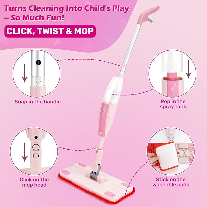 Dreamon Kids Spray Mop - Real Working Toddler Cleaning Set with Water Sprayer & 3 Washable Mop Pads & Scraper, Pretend Play Montessori Housekeeping Toys Gifts for Toddlers Kids Girls Boys(Pink)