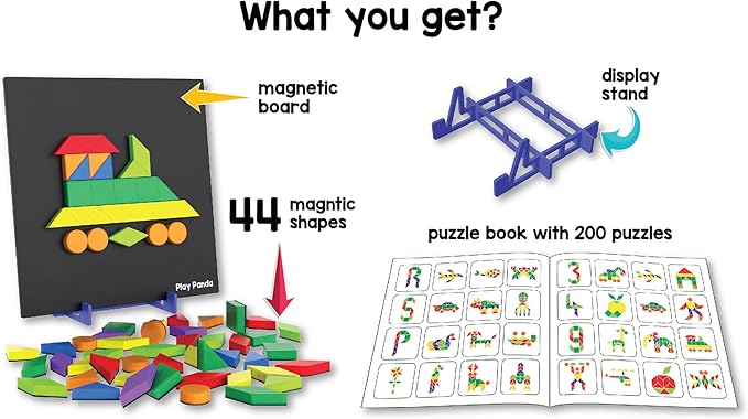 Magnetic Tangram Puzzle Educational Toy| 200 Patterns, 44 Big Magnet Tangram Pieces with Board, Pattern Book & Display Stand | STEM Learning Toys for Toddlers Ages 4 5 6+ Years|Gifts for Girls & Boys