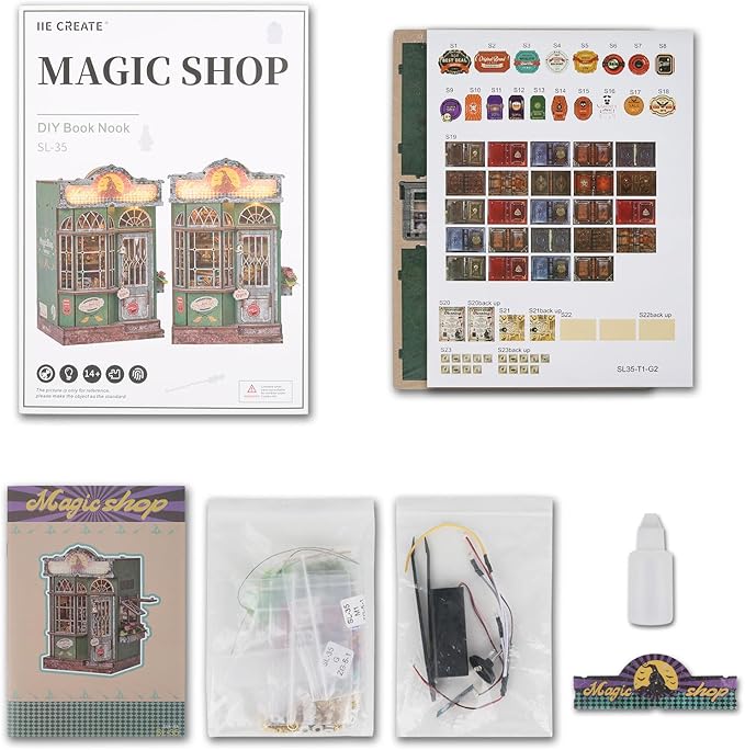 Magic Shop Miniature House Kit,DIY Miniature Dollhouse Kit with LED & Furniture,Mini Diorama House Building Kit for Adults,Tiny House Mini Model Kit Wooden Crafts,Bookshelf & Home Decor Gifts