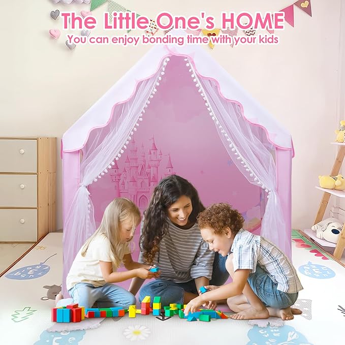 Kids Play Tent Pink Princess Tent for Girls, Large and Foldable Kids Playhouse with Windows, Portable and Lightweight Playtent Indoor &Outdoor for Gift to Toddlers
