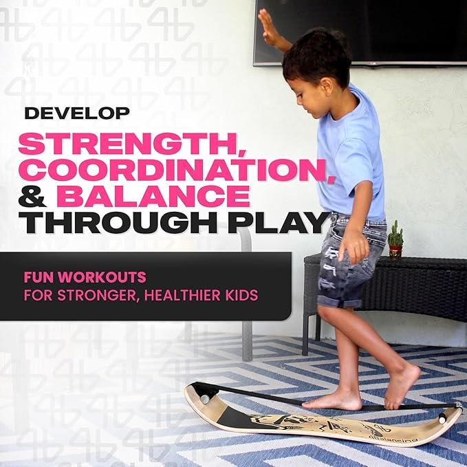 Balance Board for Kids - Slackline Wooden Wobble Board - Slackboard Balance Trainer for Coordination - Training for Skateboard, Snowboard, Football, Soccer, Baseball, Basketball
