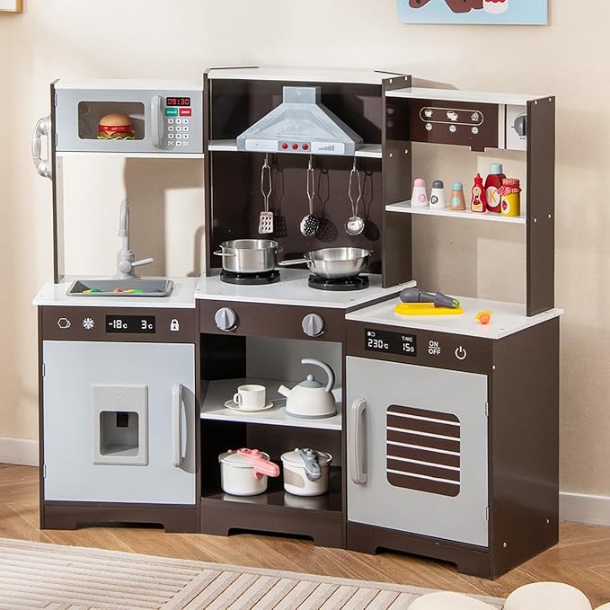 Costzon Corner Kids Kitchen Playset, Wooden Toy Kitchen Set with Range Hood, Ice Maker, Pretend Telephone, Sink, Faucet, Microwave, Oven, Play Kitchen with Lights and Sounds for Toddlers (Brown)