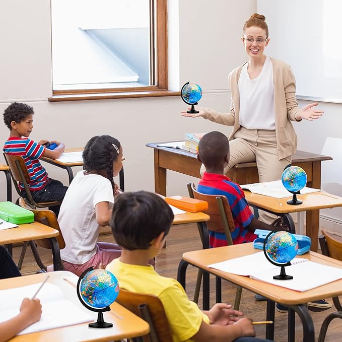 Henoyso 6 Pcs World Globe for Kids 4.6'' Educational Mini Desk Decorative Earth Globes with Black Stand Learning Rotating World Map for Adults Classroom Geography Table Decor