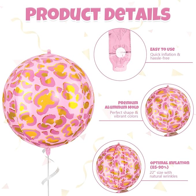 6Pcs 22 Inch Pink Leopard Print Foil Balloons, Large Metallic Round Animal Print Balloons for Jungle Safari Theme Birthday Party Decorations