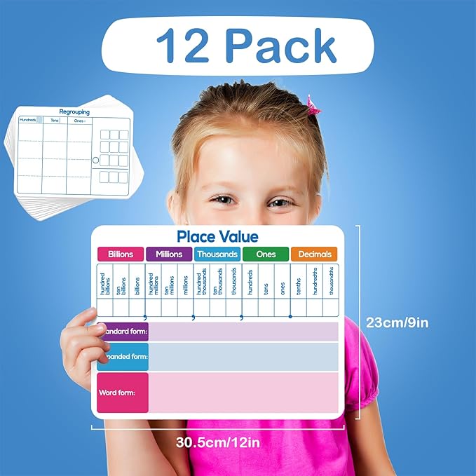 Aizweb 12 Pack Place Value Dry Erase Board Card,12" x 9"Regrouping Base Ten Small Whiteboard Math Manipulatives Addition Subtraction Game for Student Classroom Must Have Homeschool Teacher Supplies