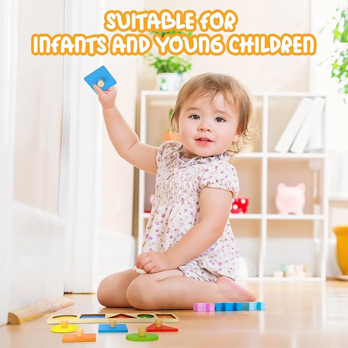 Montessori First Jumbo Knob Wooden Shape Puzzles for Toddlers,Montessori Multiple Peg Shapes Puzzle Sorter Board for Baby Kids Boy Girl,Preschool Learning Peg Puzzle Board Toys