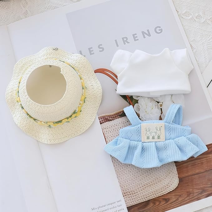 Clothes for Dolls Accessories (No Doll), Kawaii Shirt Skirt Outfit Set 3 Pieces for 15cm 17cm Doll Suit, Stylish Dolls Hat Shirt Clothing Set Replacement Blue