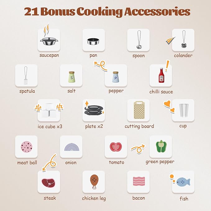 CoziBB Wooden Pretend Play Kitchen Set, Realistic Oven Faucet Microwave Ice Maker BBQ, with Lights & Sounds Features, 21 Accessories, Toys Kitchen for Kids Children Boys Grils, Gift for Ages 3+
