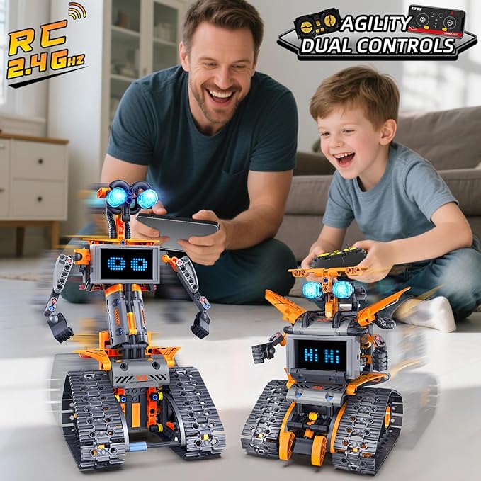 Robot Toys with LED Eyes & 18 Expression Building Toy, 5-in-1 App & Remote Control Rechargeable Robotics Set for Kids, RC Programmable Projects Educational Gift for Boys Girls 8-14 Year Old Teens
