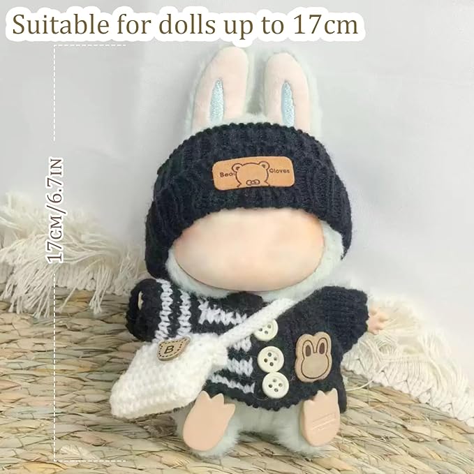 Clothes for 17cm Dolls Accessories Crochet 3 Piece Set Outfits for Doll(Black Sweater)