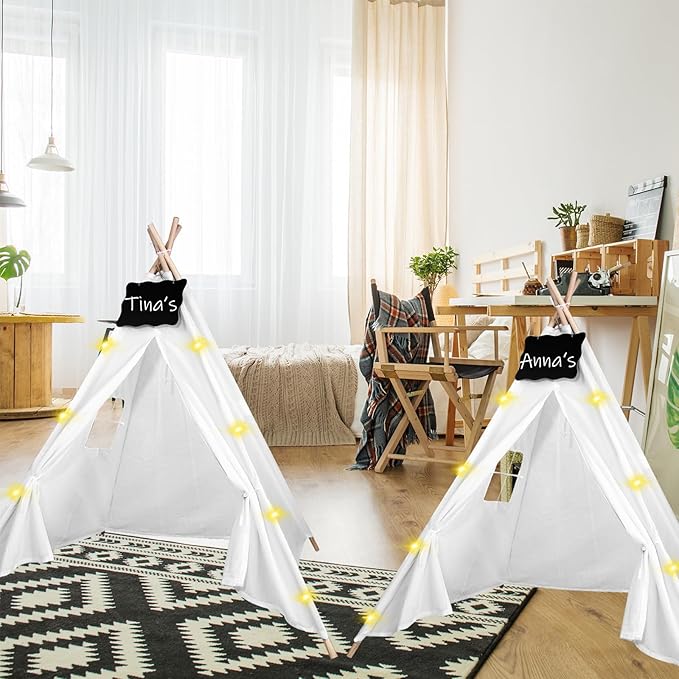 6pcs Teepee Tents Set with Markeable Small Blackboards and 10FT String Lights, Foldable Indoor Outdoor Play Teepee Tent for Girls & Boys, for Birthday Party Boho Sleepovers Party (White)