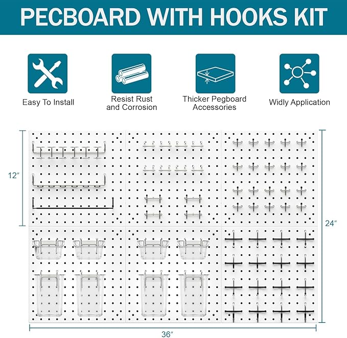 Peg Board Kit, Includes Pegboard and Accessories,with Hooks and Bins,Peg Board Wall Organizer for Office,Ornaments Display,Crafts Organization (129, White)