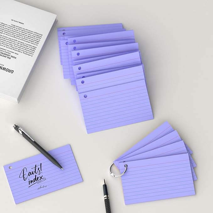250 Count Purple Index Cards 3x5 Inch with Key Ring, Color Flash Index Card (50 Sheets Each), Durable & Portable Note Taking for Students, Teachers, Study Note Cards for Office Home School