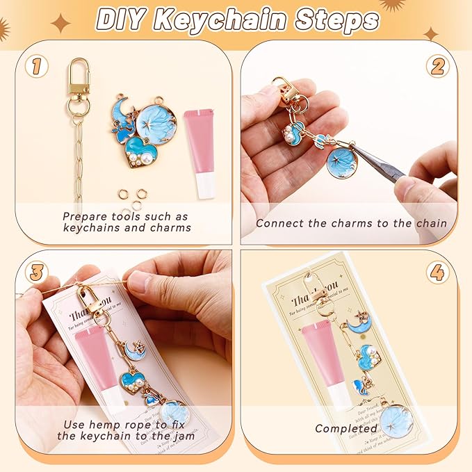 Wurosi 24 Set Lip Gloss Keychain Making Kit, Gold Keychain Clips Hooks with Extender Chain, Cellophane Bags, Thank You Cards, 5M Hemp Rope, for DIY Key Chain Making Crafts