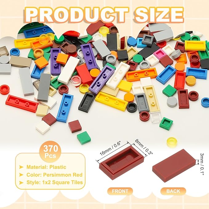PATIKIL 370 Pcs Flat Blocks Bulk, 1x2 Square Persimmon Red Classic Tiles Smooth Surface Mini Building Blocks Accessories Compatible Bricks Kits for Building Floor Walls Mosaic Pixel Arts