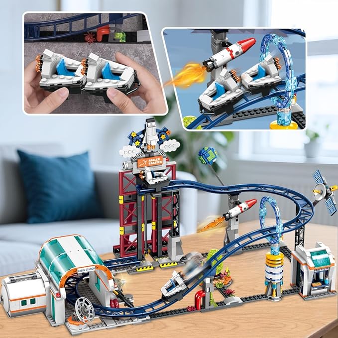Space Roller Coaster Building Sets - Rollercoaster Building Toy with Rocket, Lift Platform, Satellitesr, Carriage, Food Cart, 926PCS Space Adventure Park for Adults Teens Kids Boys Ages 8-12