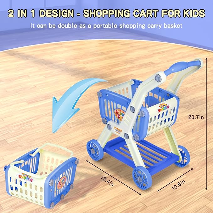 Kids Shopping Cart - 2 in 1 Toy Shopping Cart with Play Food Fruit Vegetable Dessert and Shop Accessories, 72pcs Pretend Play Grocery Store Toy Kitchen Game Trolley Play Set for Kids (Navy Blue)