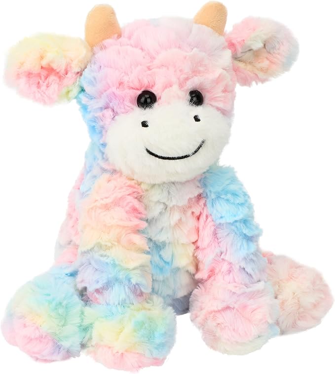 Hopearl Adorable Plush Cow Toy Colorful Floppy Dairy Cattle Soft Stuffed Animal Cute Birthday Gifts for Boys Girls Kids Toddlers, Rainbow, 9''
