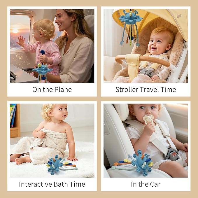 Silicone Baby Sensory Montessori Toys & Pull String Teething Toys for 6-12-18 Months, Toddler Birthday Gift Car Seat Airplane Travel for 1 2 Year Old Boy Girl Infant 8 9 10 Months Old (Blue)