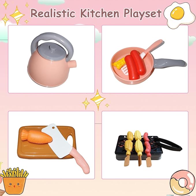 Kids Kitchen Toy Accessories, 61PCS Toddler Pretend Cooking Play Pots, Kitchen Playset, Play Pots, Pans, Utensils Cookware Toys, Play Food Set, Vegetables, Learning Gift for Girls Boys (Pink)