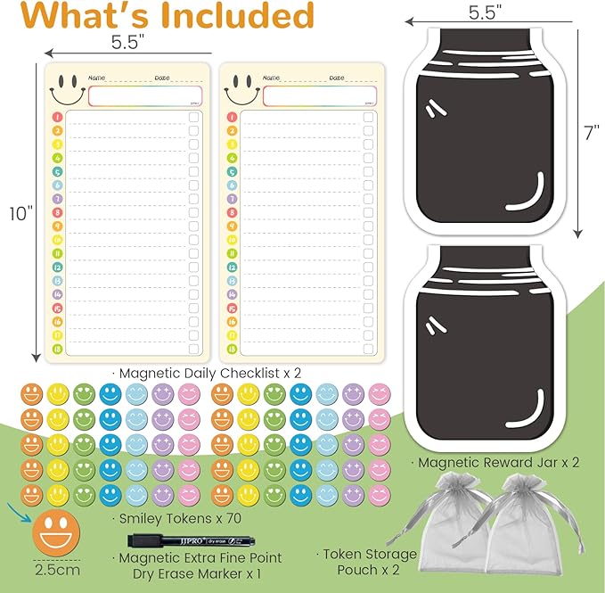 JJPRO Magnetic Dry Erase List Boards for Kids with Smiley Faces Reward Jar- 10" x5.5“ Home Chore Chart for Fridge,Daily Checklist for Toddlers,Reward Jar Positive Behavior Training -Yellow 2Pcs