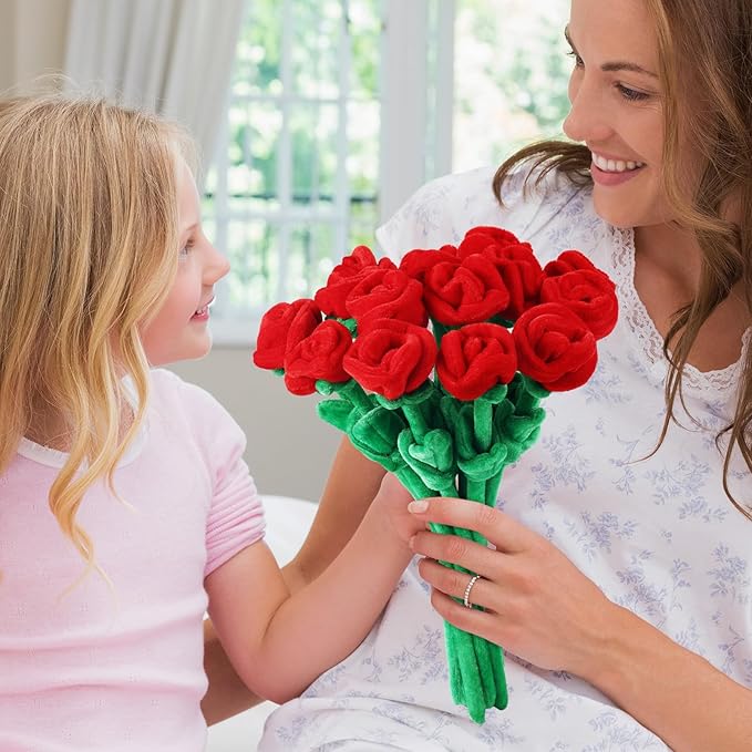 18 Pcs Plush Rose Flower Stuffed Bendable Stems Plush Bouquet Toy Soft Floral 12.6 Inch for Graduation 2025 Mother's Day Valentines Day Girl Girlfriend Wife Family and Friends(Red Series)