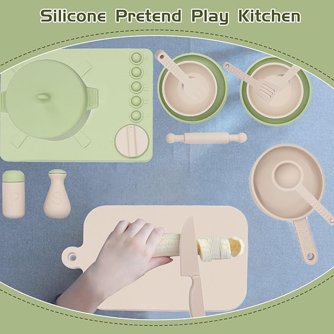 Play Kitchen Accessories, Silicone Pretend Play Kitchen Toys Set, Play Kitchen Pots and Pans Set for Kids, Learning Education Cooking Toys for Girls and Boys(Green)