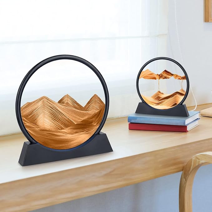 Moving Sand Art Picture - 3D Quicksand Painting Decor - Round Glass 3D Deep Sea Sandscape - Relaxing Home Decoration Desk Toys for Home Office Desk Mantle Bookshelf- (Yellow, 12 in)