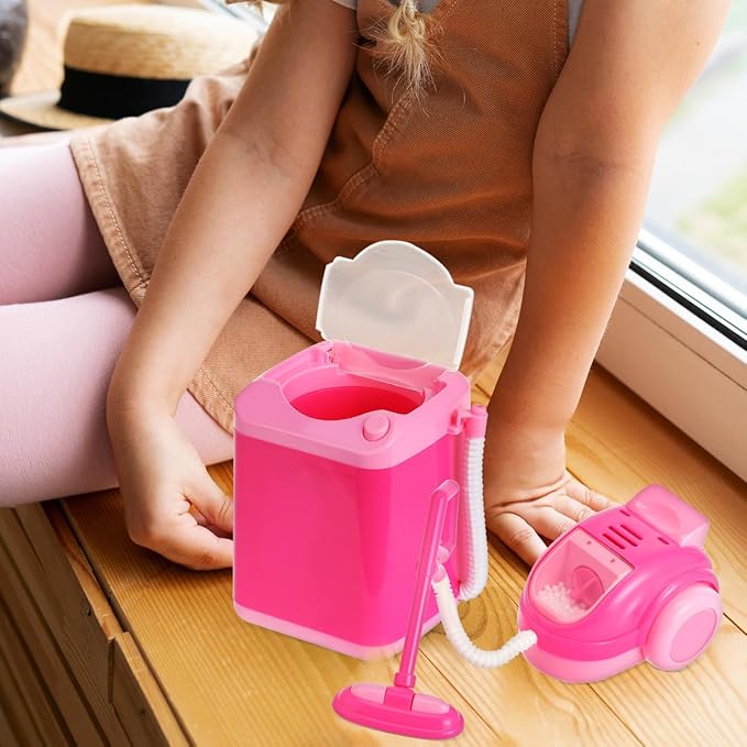 Toyvian Mini Kitchen Set with Realistic Working Toy Vacuum Cleaner and Washing Machine Kids Cleaning Toys for Pretend Play Ages 3-6