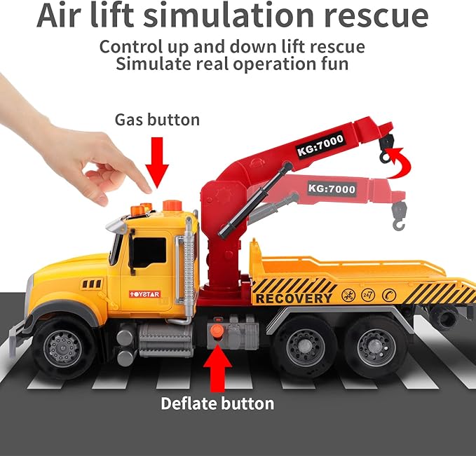 Dwi Dowellin Kids Toys for 3 4 5 6 7 Years Old Boys, 15" Large Tow Truck Toy,Friction Powered Transport Truck Crane Toy with Lights and Sounds,with Roadster,Toddlers Gifts
