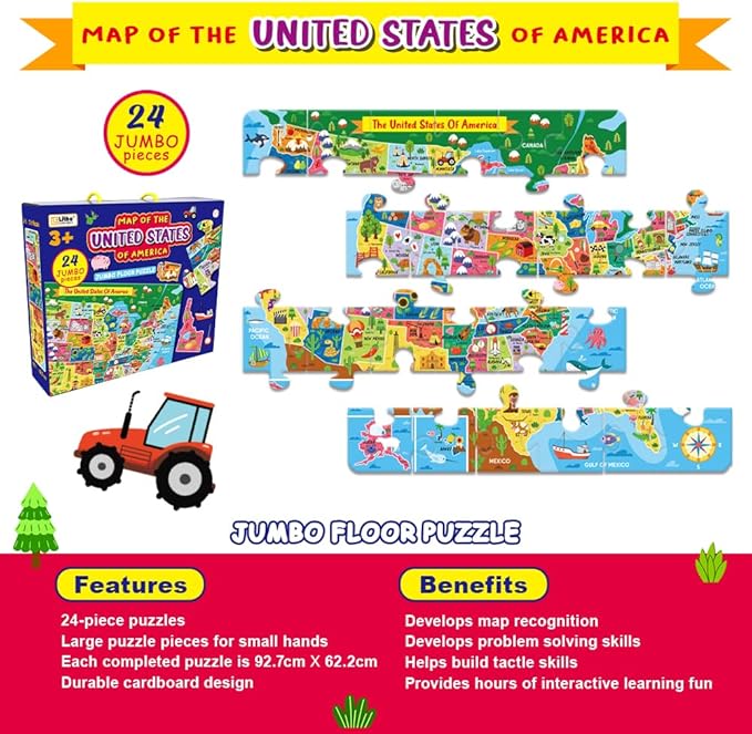 Discover The USA: Extra-Large 24-Piece Floor Puzzle for Kids - Educational Map of America, Colorful States and Landmarks, Ideal for Learning Geography - Fun, Interactive, and Durable Jumbo Puzzle