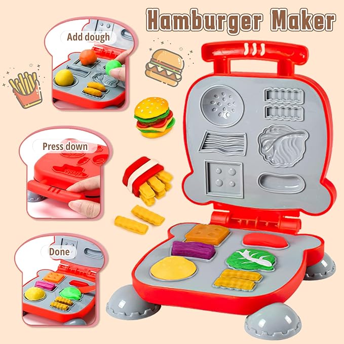 4 in 1 Dough Sets 75 PCS for Kids Ages 4-8, Dough Tools Kit with Ice Cream Noodle Hamburger Maker Machine, Dessert Rack, Kitchen Creations Art Crafts Food Play Toys for Boys Girls Ages 3+