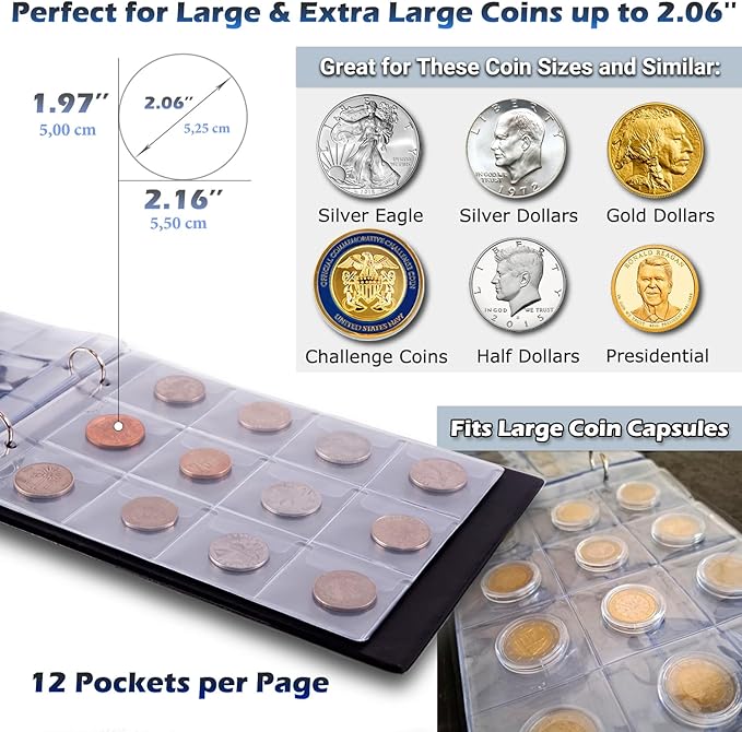 3in1 Coin Collection Holder Classic Album 190 Pockets - Paper Money Collector - Large Storage Book Organizer Display for Gold Silver Dollars Dollar Bill Currency Quarters Penny Foreign Coins (Blue)