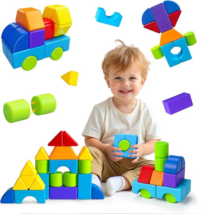 Multi-Shape Magnetic Blocks, Large Stacking & Building Blocks Set, Preschool Educational Sensory Magnet Toys for Kids Ages 3-5 Year Old Boys & Girls Toddlers(20pcs)