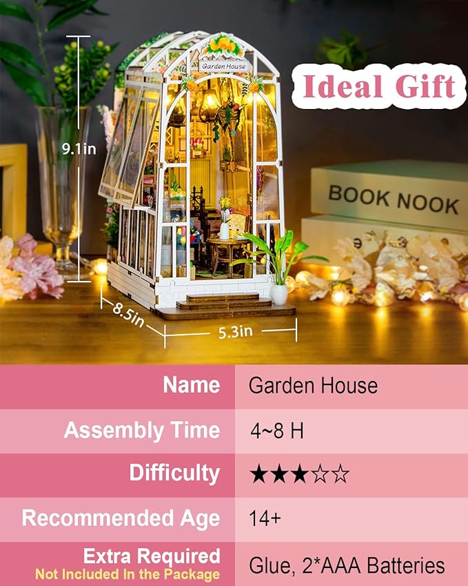 Book Nook Kit Garden House, DIY Miniature Book Nook Kits for Adults with LED Light, 3D Puzzle Bookshelf Decor Gift for Teens Women Family