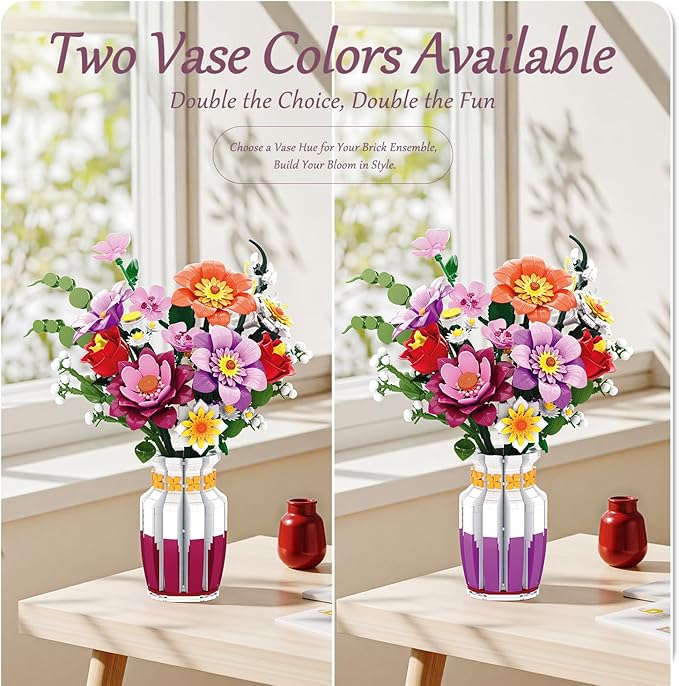 Dual-Tone Vase Flowers Bouquet Building Set, 16 Artificial Flowers Bouquet Sets for Adults & Women & Home Decor Living Room, Compatible with Lego Flowers Bouquet Botanicals Collection, 1278 PCS