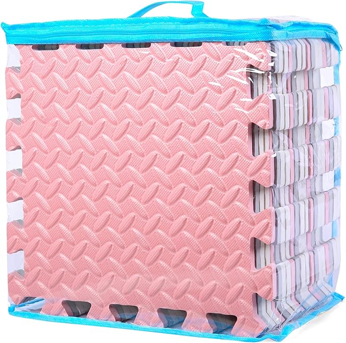 Foam Floor Mats for Kids, 12 x 12 Inch 16 Tiles 0.4" Thickness Foam Play Mat, Non-Toxic Square Interlocking Floor Mats Rubber Baby Play Mat for Toddlers(White/Gray/Lori Pink)